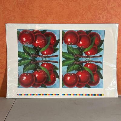 1920s CHERRIES LITHOGRAPH | Lithograph poster, mirrored images of cherries unframed and with margins; overall 35 x 23 in.