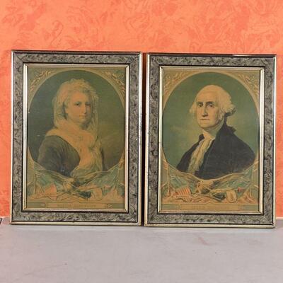 (2pc) WASHINGTON PORTRAITS | Early color lithographs of George Washington and Martha Washington, each in a 