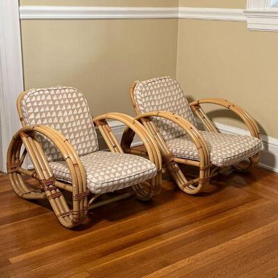 PAIR CHILDREN'S CHAIRS | Bamboo and rattan children's chairs with matching upholstered cushions; each h. 19-3/4 x w. 18-3/4 x...