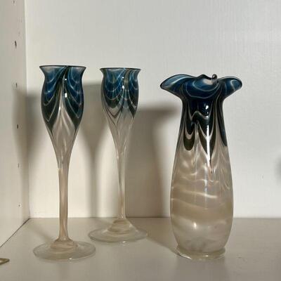 (3pc) N FRUMAN GARNITURE | Decorative garniture set including two stem glasses and a vase each signed and numbered on the bottom; tallest...