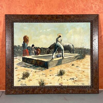 ALFREDO G. GUERRA (1914-1987) | Figures at a watering hole
Oil on board painting 
signed lower left
sight 18-3/4 x 23 in.; overall 24 x...
