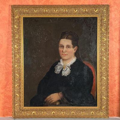 19th CENTURY PORTRAIT PAINTING | Oil on canvas portrait of a woman [some restoration, particularly lower margin; with flaking paint];...