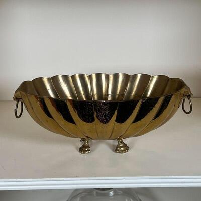 BRASS FOOTED BOWL | Heavy! Scalloped bowl on four paw feet; h. 4-3/4 x w. 12-1/2 x d. 8 in.