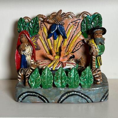 MEXICAN FOLK ART CERAMIC | Ceramic figure of Ocumicho, Nativity scene by Rogelio Alvarez Barriere; h. 9-1/4 x w. 10-1/2 x d. 5-1/2 in.
