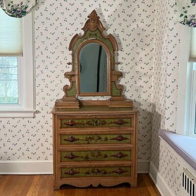 COUNTRY PAINTED DRESSER | Painted with birds, faux inlay and green leather, having four full width drawers with carved wood pulls and a...