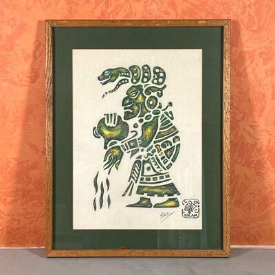MAYAN BALAM ARTWORK | Showing Ixchel, Godess of Weaving Childbirth & Medicine, pencil signed lower right, paper blind stamped lower...