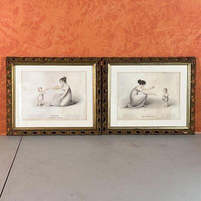 (2pc) CHILD ENGRAVINGS | Scenes of motherhood, c. 1809, each in a gilt carved frame; overall 13-1/2 x 16-1/4 in.