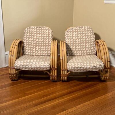 PAIR CHILDREN'S CHAIRS | Bamboo and rattan children's chairs with matching upholstered cushions; each h. 19-3/4 x w. 18-3/4 x...