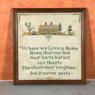 ANTIQUE NEEDLEPOINT | Needlepoint embroidery, "Where we love is home / home that our feet may leave but not our hearts / the chain...
