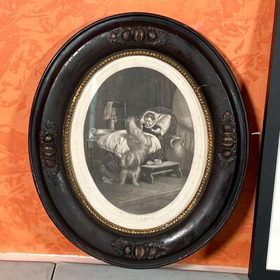 (2pc) DOG ART | Including an engraving of a baby and dog titled "Good Morning", framed in tondo (overall 14 x 12 in.); and a...