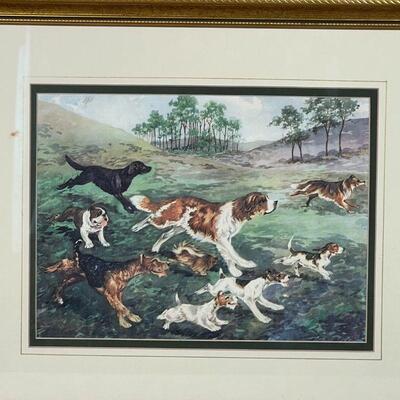 PAIR FRAMED PRINTS | Including a pair of prints of illustrations by Robert Aitcrer(?) showing a boy and dogs in a snowy landscape and a...