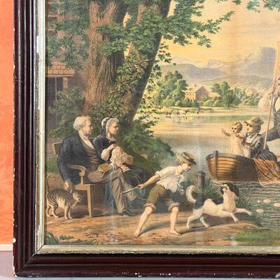EARLY PRINT ON CANVAS | Showing figures engaged in various outdoors activities, with backing paper marked "Chromo Publishing...
