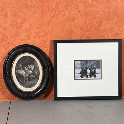 (2pc) DOG ART | Including an engraving of a baby and dog titled "Good Morning", framed in tondo (overall 14 x 12 in.); and a...