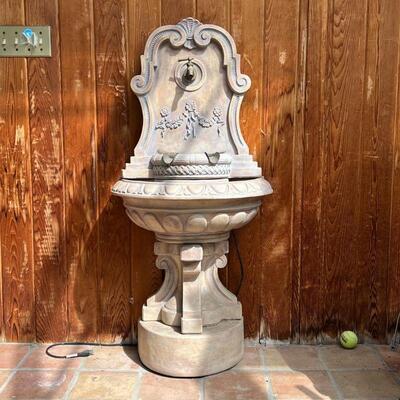 FANCY GARDEN FOUNTAIN | composition (stone and plaster) multi-piece construction with shell and garland decoration, beautifully made,...