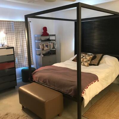Available for pre sale NOW.  Text 760 668 0554
Steel framed canopy bed.  Includes frame,   mattress and linens.  Size is Queen   51â€...