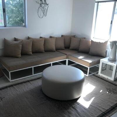 SOLD.  for three piece modular set. White metal and beige fabric. Height is 10.5â€.  Width is 33â€.   Largest piece is 70â€.   The...