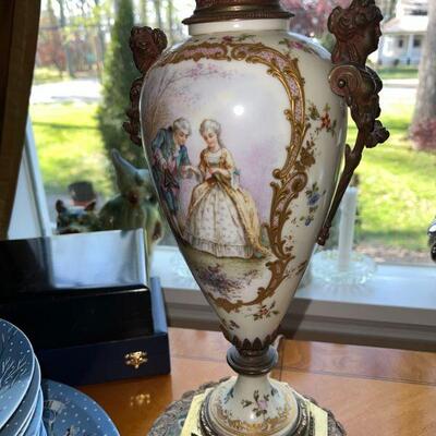 French Sevres Porcelain, Hand-painted, Artist Signed Urn converted to Lamp many years ago