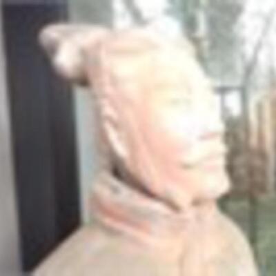 arge Life size Terra Cotta warrior reconstituted from fragments of ancient warrior statues.
Measures 24" wide, 75  inches tall.