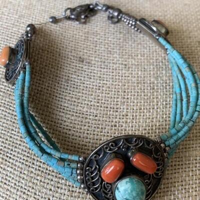 Sterling Silver, Turquoise, and Coral Bracelet