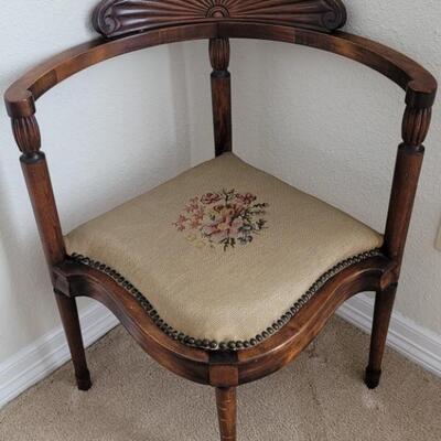 Antique Edwardian Corner Chair w/ Needlepoint Seat
