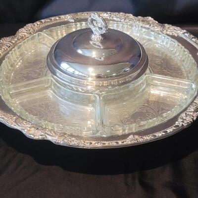 Silver Plate Relish Stand w Divided Glass Insert w/ Silver Plate Lid for Center Round (Dip) Section