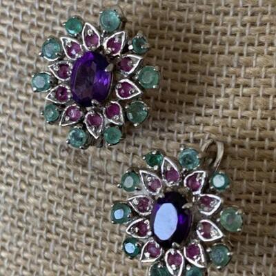 Sterling Silver Earrings with Emeralds, Rubies,
and Amethyst