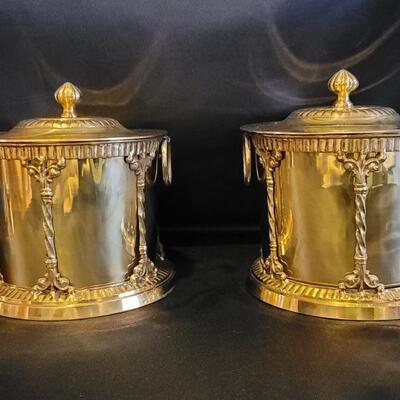 (2) Brass Tea Caddies w/ Ring Pulls & Lidded Stand