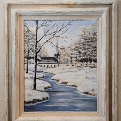 Oil on Canvas Winterscape with Church, Framed