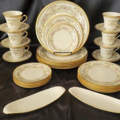 Lenox Castle Garden China Set: 6 Place Settings +
2- Butter Dishes
5-Piece Place Settings have Dinner, Salad, Dessert Plates, Cup &...