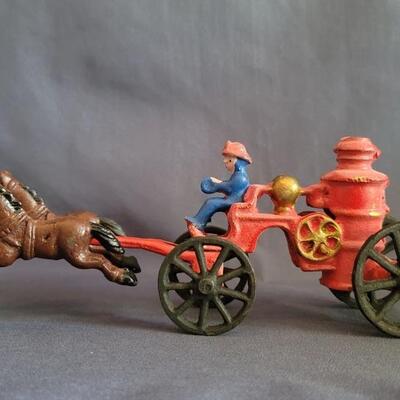  Antique Cast Iron Model Horse Drawn Fire Pumper