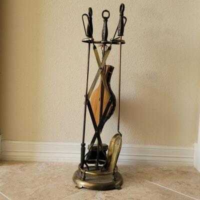 Brass Fireplace Tool Set on Stand w/ Small Bellows