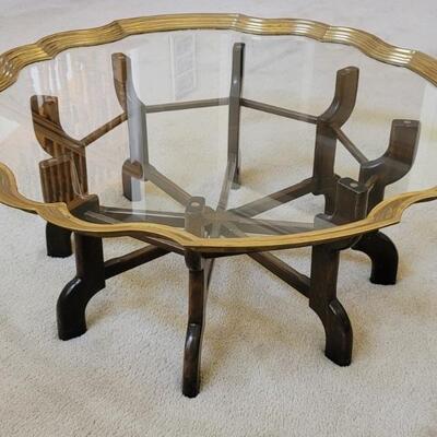 Gold Trimmed Glass Top Coffee Table on Wood Base