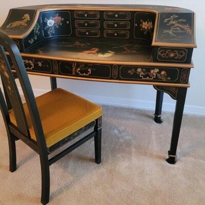 Asian Style Black Lacquered Writing Desk & Chair