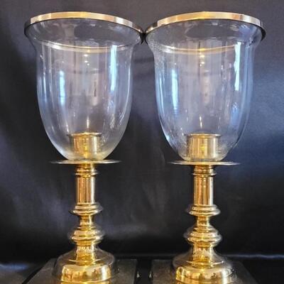 Pair Brass Candlestick Holders with Glass Shades