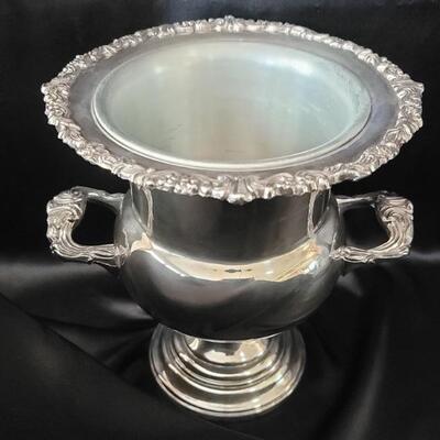 Silverplated Ornate Handled Champagne Bucket with Removable Liner & Bottle Coaster
