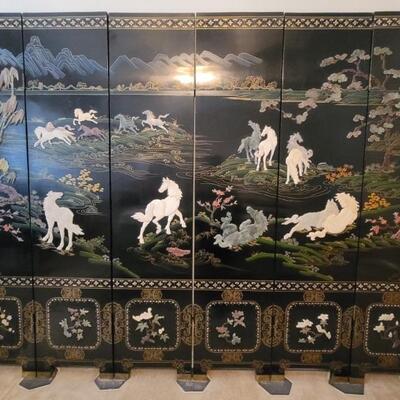 Black Lacquered w/ Marble Horses 6-Panel Screen