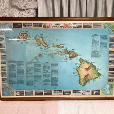 WRS135 Koa Framed Hawaii Surfing Map