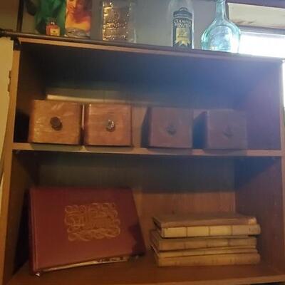 Old books, decor, sewing machine drawers, album