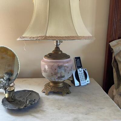 Art Nouveau inkwell, peachblow oil lamp