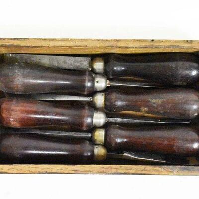 Vintage Set of Wood Carving Tools in Wooden Box