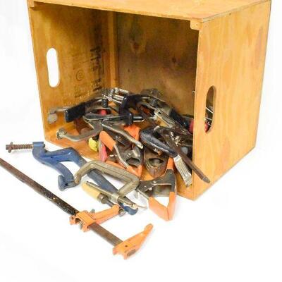 Various Clamps in Wooden Box / Crate