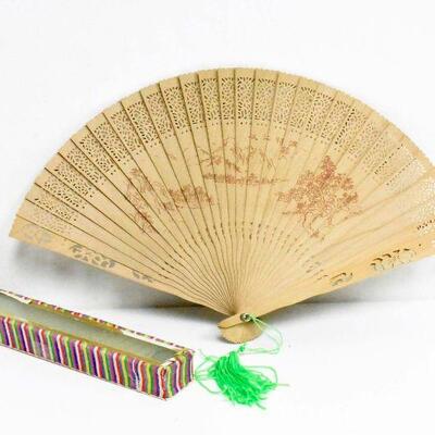 Wooden Carved Chinese Fan in Glass Top Box
