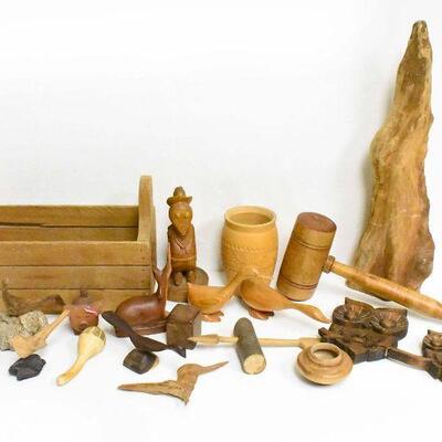 Various Wood Carving Sculptures Boxes Etc