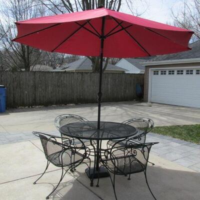 Frontgate iron patio table, chairs, umbrella & cover