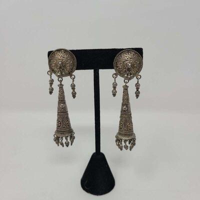 Silver Afghani Dangle Clip On Earrings