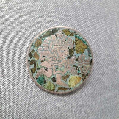 Silver Texco Made in Mexico Mesoamerican Turquoise Brooch Pendant