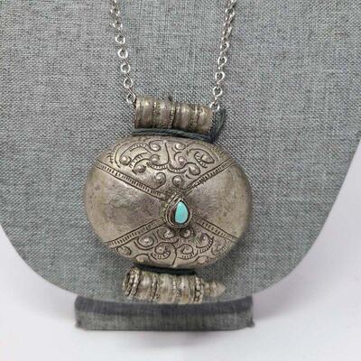 Middle Eastern Silver Turquoise Tribal Medicine Bag Pendant Necklace