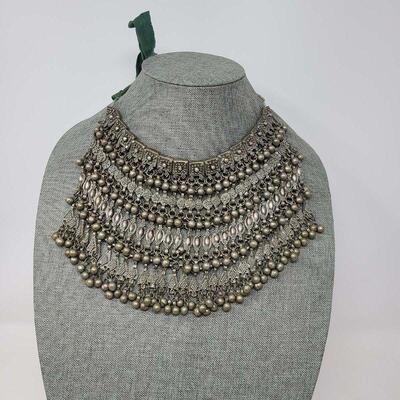 Middle Eastern Silver Bell Bib Necklace 