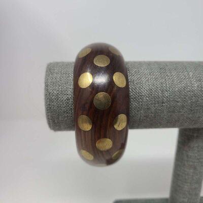 Wood Inlaid Brass Dots Bangle Bracelet