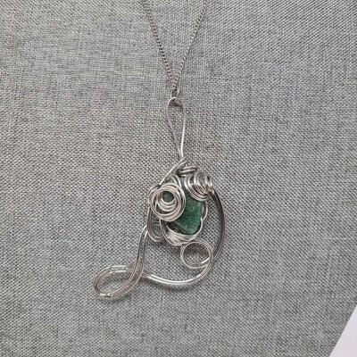 Contemporary Artist Created Silver Emerald Glitter Agate Pendant Necklace